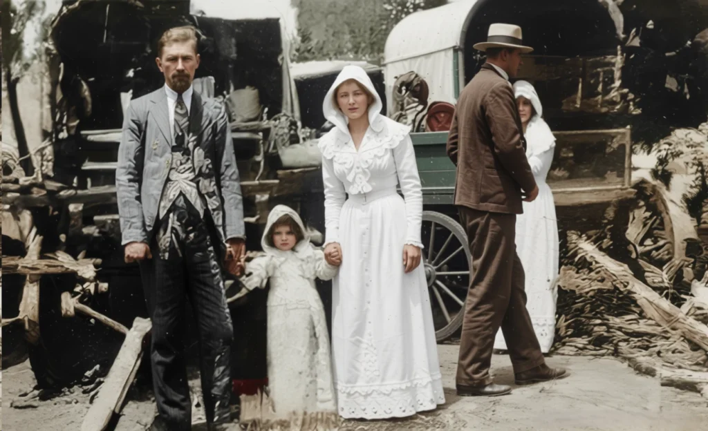 Koos en Anna Schoeman en dogter Poppie tydens die 1938-Groot Trek Eeufees.